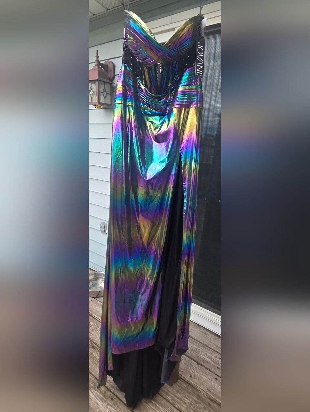 Jovani Iridescent Strapless Evening Gown in Green Blue Purple